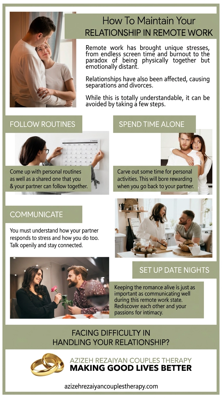 Infographic on how to maintain your relationship during remote work stress with routines, alone time, communication, and date nights (Silicon Valley).