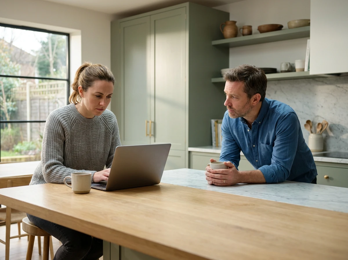 Woman working on a laptop at a kitchen island while her partner watches with concern, showing remote work stress and emotional distance in a relationship.