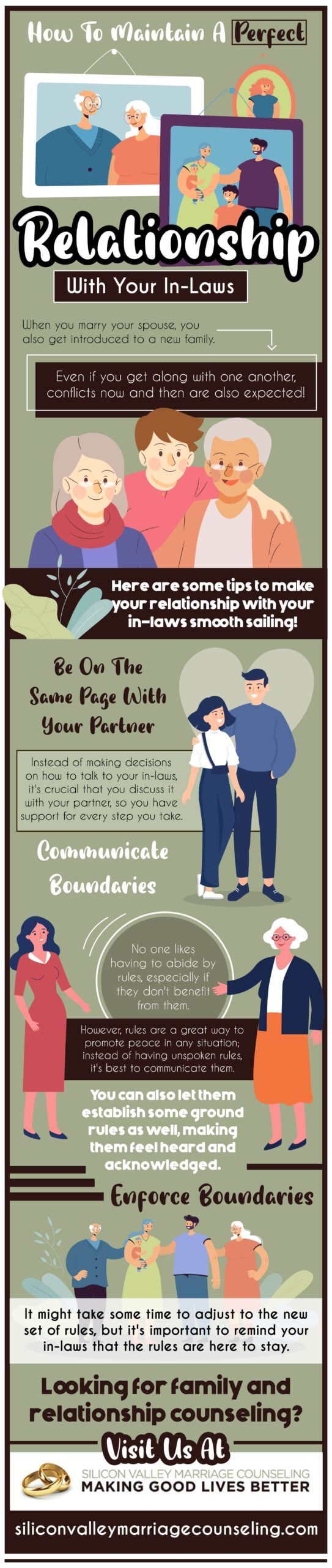 Infographic with tips to maintain a healthy relationship with your in-laws, including aligning with your partner and setting boundaries.