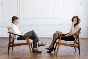 An ex-couple avoiding eye contact