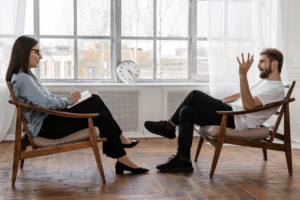 a man and woman talking