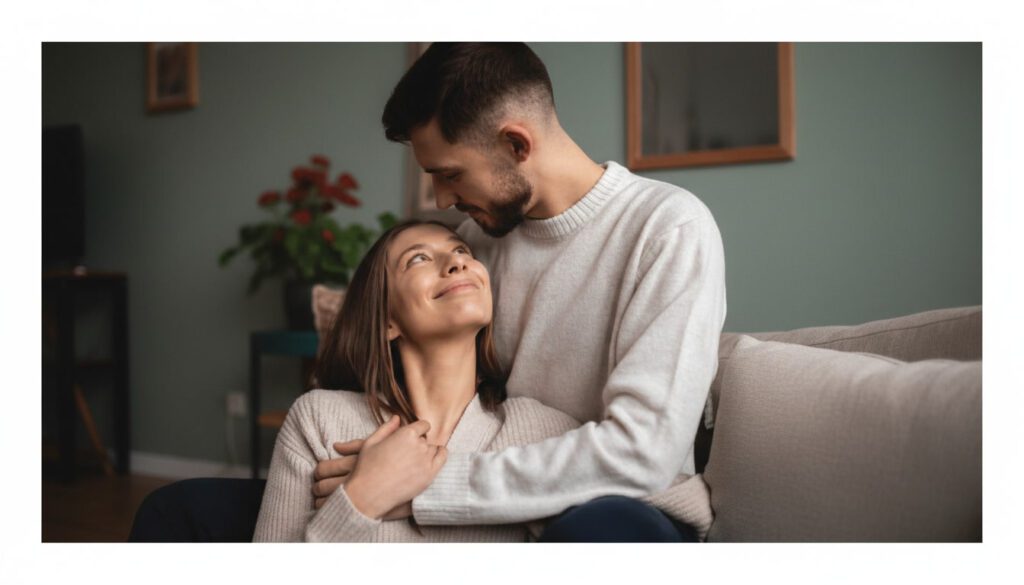 Couple sitting together at home sharing a calm moment of emotional intimacy