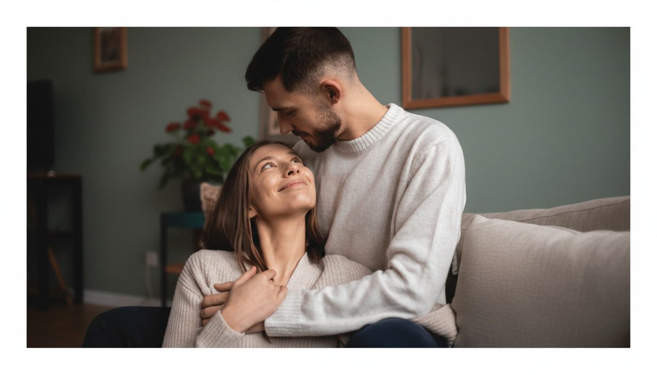 Couple sitting together at home sharing a calm moment of emotional intimacy