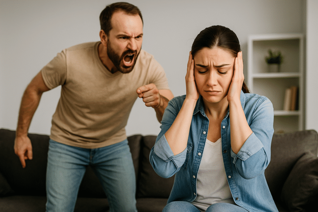 Man yelling at wife while she covers her ears in stress during argument