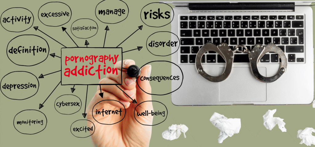 Diagram showing factors linked to porn addiction, including emotional, behavioral, and relationship impacts.