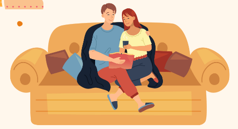 Illustration of a couple sitting close together on a couch, representing support and connection during hard times in a relationship.
