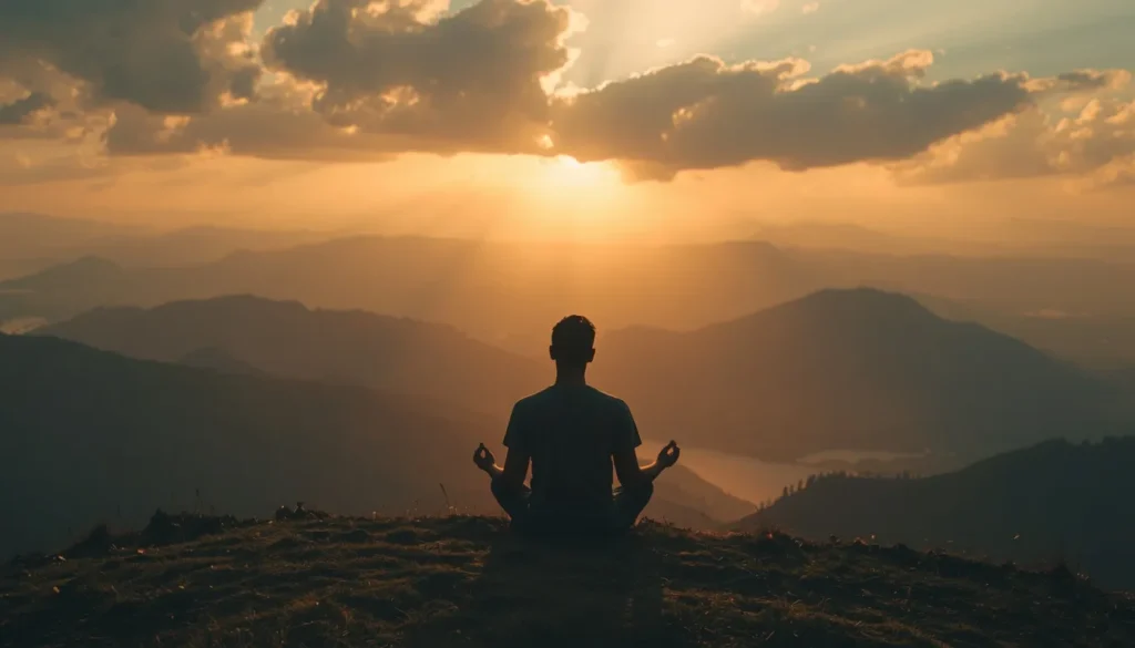 Person meditating on a hill at sunrise, symbolizing recovery, reconnection, and healing from addiction