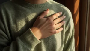Person placing hand on chest in a moment of somatic body awareness, representing emotional disconnection in addiction recovery